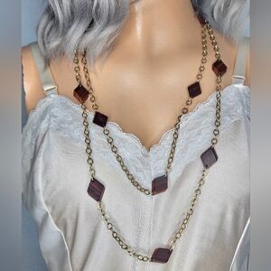 Vintage Station Gold Tone Chain with Geometric Wood Brown Beads Necklace 38"